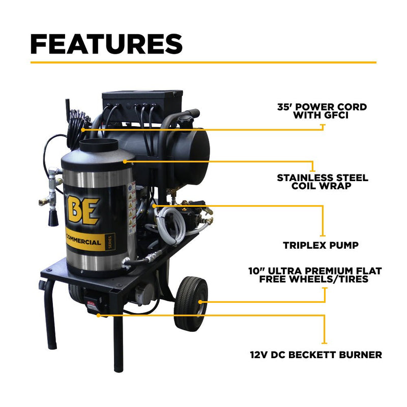 BEPowerEquipment 1,000 PSI 2.0 GPM Hot Water Electric Pressure Washer with Comet Triplex Pump - 1250 - CulinaryProfis