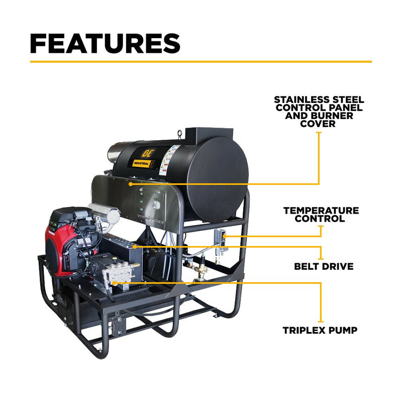 BEPowerEquipment 3,000 PSI 10 GPM Hot Water Gas Pressure Washer Skid with General Triplex Pump - SE5815HHZGP - CulinaryProfis