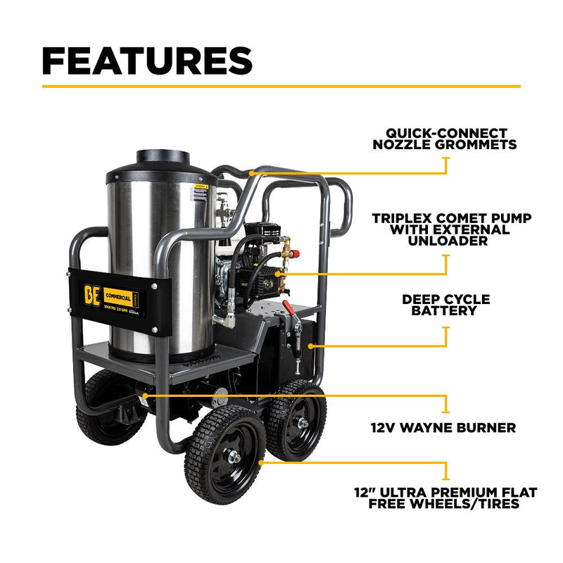 BEPowerEquipment 3,000 PSI 3.0GPM Hot Water Pressure Washer with Honda GX200 Engine and General Triplex Pump - HW2765HG - CulinaryProfis
