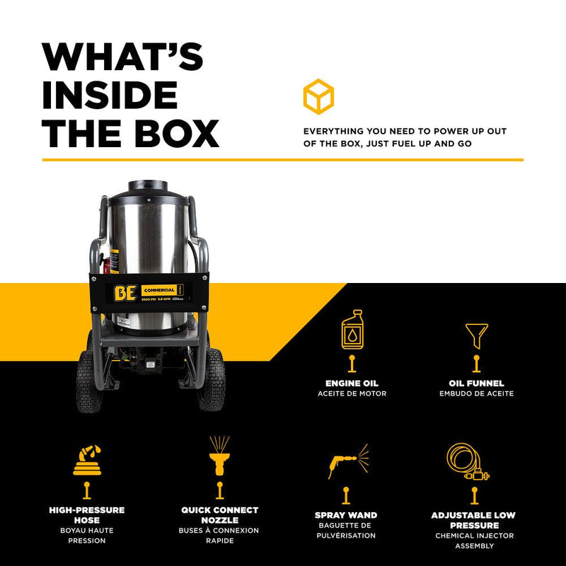 BEPowerEquipment 3,000 PSI 3.0GPM Hot Water Pressure Washer with Honda GX200 Engine and General Triplex Pump - HW2765HG - CulinaryProfis