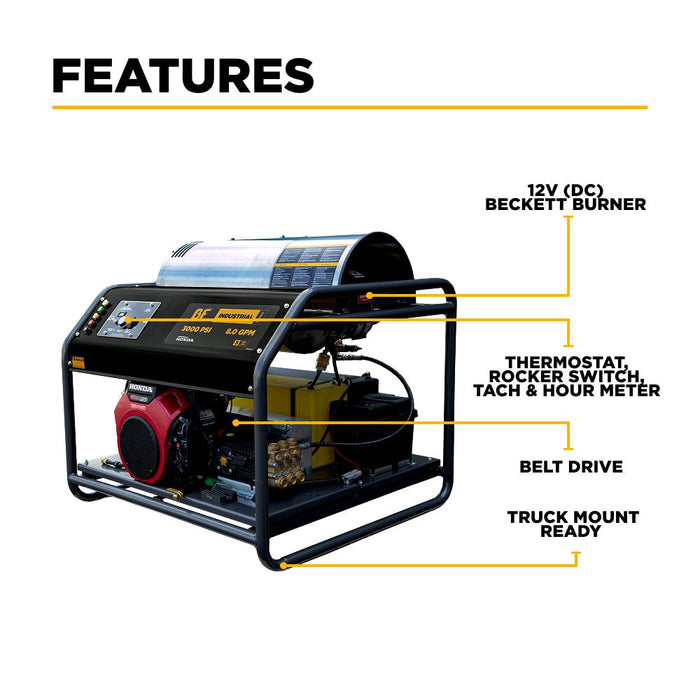 BEPowerEquipment 3,000 PSI 8.0GPM Hot Water Pressure Washer with Honda GX690 Engine and General Triplex Pump - HW3024HG12V - CulinaryProfis
