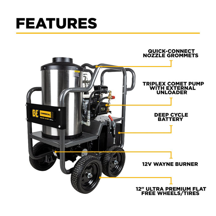 BEPowerEquipment 3000PSI 3.0GPM Hot Water Pressure Washer with Honda GX200 Engine and Comet Triplex Pump - HW2765HC - CulinaryProfis