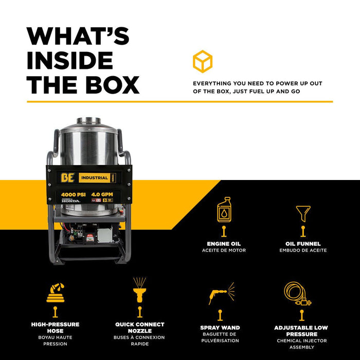 BEPowerEquipment 4,000 PSI - 4.0 GPM Hot Water Pressure Washer with Honda GX390 Engine and Belt Driven General Triplex Pump - HW4013HBG - CulinaryProfis