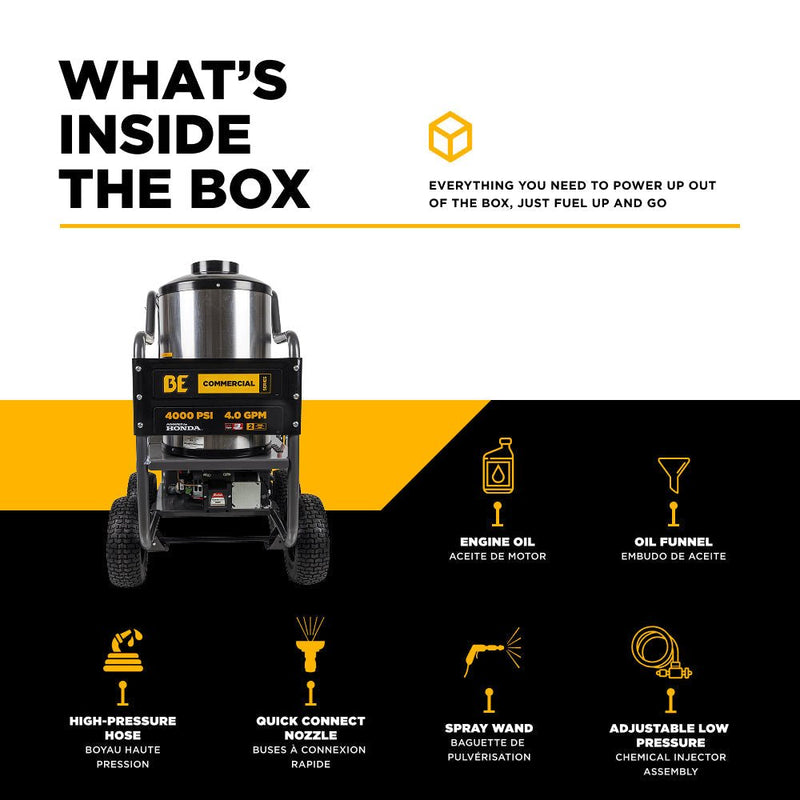 BEPowerEquipment 4,000 PSI - 4.0 GPM Hot Water Pressure Washer with Honda GX390 Engine and Comet Triplex Pump - HW4013HC - CulinaryProfis