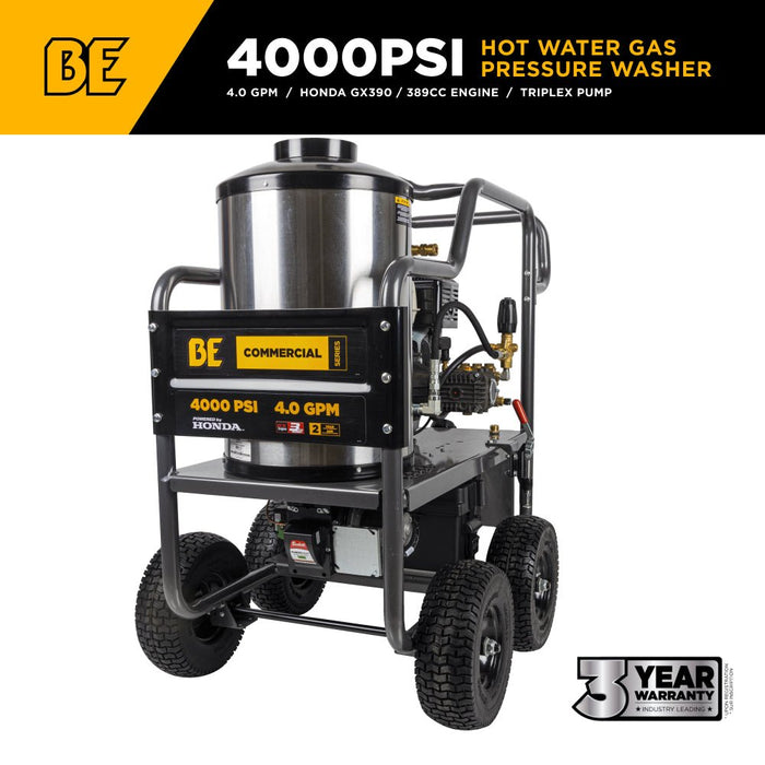 BEPowerEquipment 4,000 PSI - 4.0 GPM Hot Water Pressure Washer with Honda GX390 Engine and Comet Triplex Pump - HW4013HC - CulinaryProfis