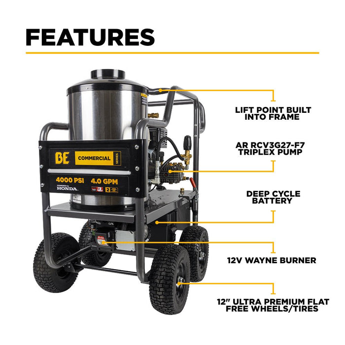BEPowerEquipment 4,000 PSI - 4.0 GPM Hot Water Pressure Washer with Honda GX390 Engine and Comet Triplex Pump - HW4013HC - CulinaryProfis