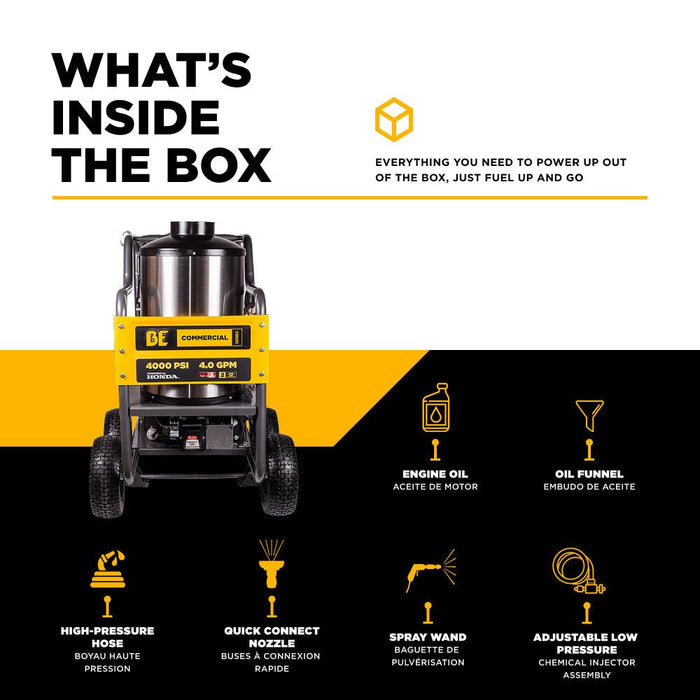 BEPowerEquipment 4,000 PSI - 4.0 GPM Hot Water Pressure Washer with Honda GX390 Engine and General Triplex Pump - HW4013HG - CulinaryProfis