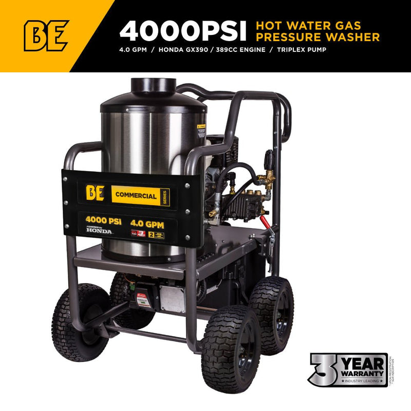 BEPowerEquipment 4,000 PSI - 4.0 GPM Hot Water Pressure Washer with Honda GX390 Engine and General Triplex Pump - HW4013HG - CulinaryProfis