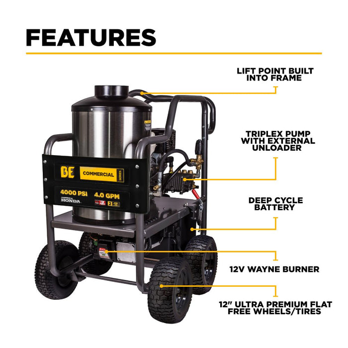 BEPowerEquipment 4,000 PSI - 4.0 GPM Hot Water Pressure Washer with Honda GX390 Engine and General Triplex Pump - HW4013HG - CulinaryProfis