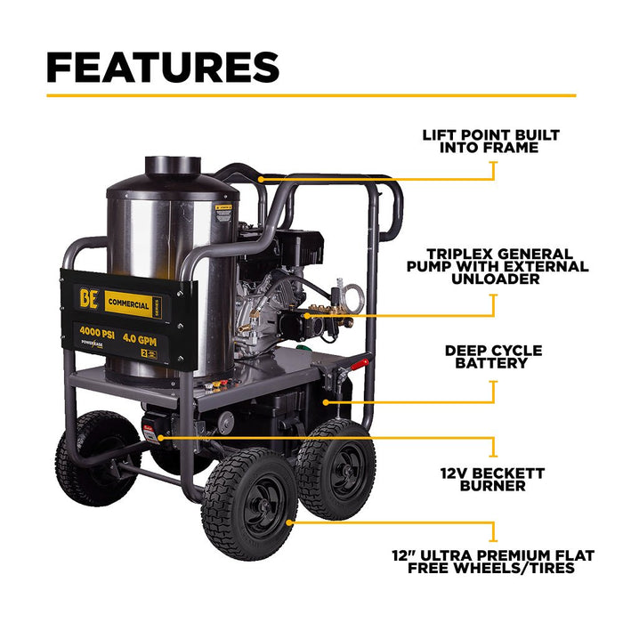 BEPowerEquipment 4,000 PSI - 4.0 GPM Hot Water Pressure Washer with Powerease 420 Engine and AR Triplex Pump - HW4015RA - CulinaryProfis