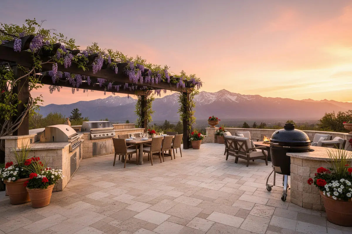 Outdoor patio with barbecue area, dining table, and mountain view during sunset.