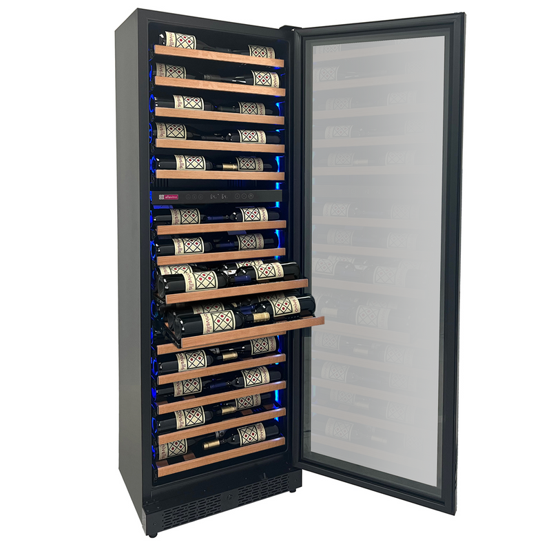 Reserva Series 67 Bottle 71" Tall Dual Zone Right Hinge Black Shallow Wine Refrigerator with Wood Shelf Fronts Allavino