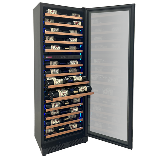 Reserva Series 67 Bottle 71" Tall Dual Zone Right Hinge Black Shallow Wine Refrigerator with Wood Shelf Fronts Allavino