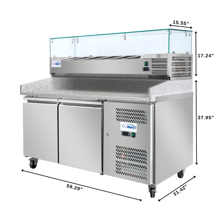 KoolMore 59" Granite Top Refrigerated Pizza Prep Station with 2-Door Storage & Pan Rail – KM-RPCPS-2D59-GRT