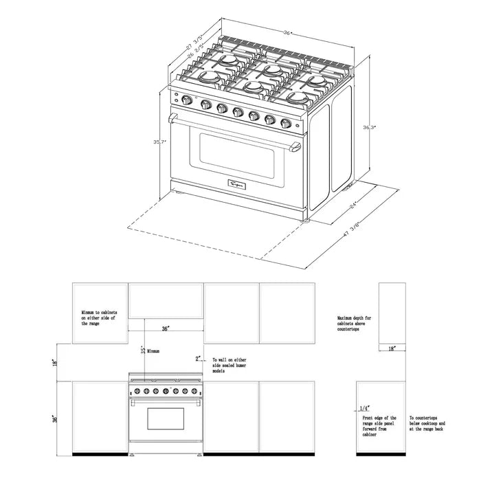 Empava EMPV-36GR11 36" Slide-In Natural Gas Range - 6 cu.ft Single Oven with 6 Burners