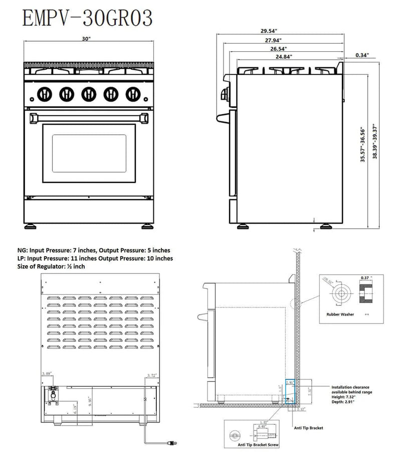 Empava EMPV - 30GR03 30" Slide - In Natural Gas Range - 4.2 cu.ft with 4 Burners - CulinaryProfis