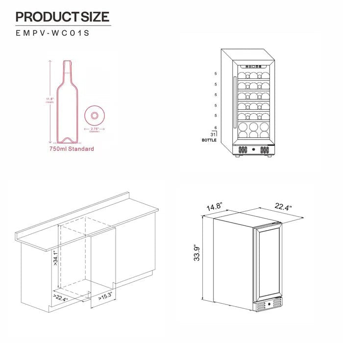 Empava EMPV - WC01S 15" Wine Cooler - 31 Bottle Capacity Single Zone - CulinaryProfis