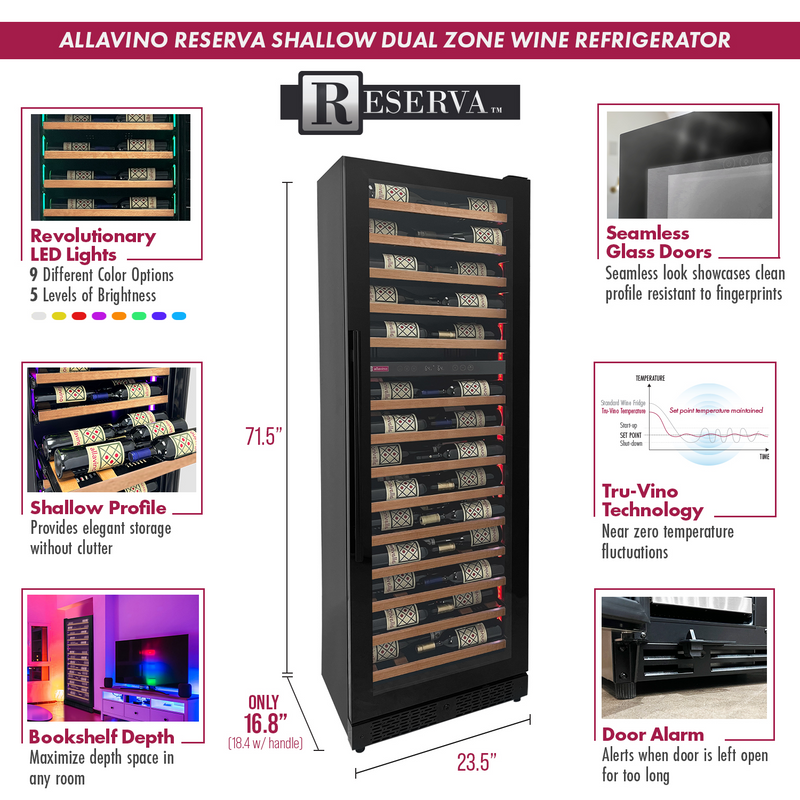 Reserva Series 67 Bottle 71" Tall Dual Zone Right Hinge Black Shallow Wine Refrigerator with Wood Shelf Fronts Allavino