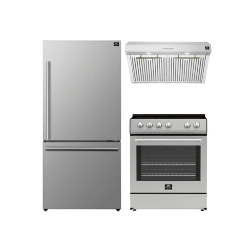 FORNO Espresso Package - 30" Electric Range, Range Hood and Refrigerator in Stainless Steel with Silver Handles, FBDL-001-01US FORNO