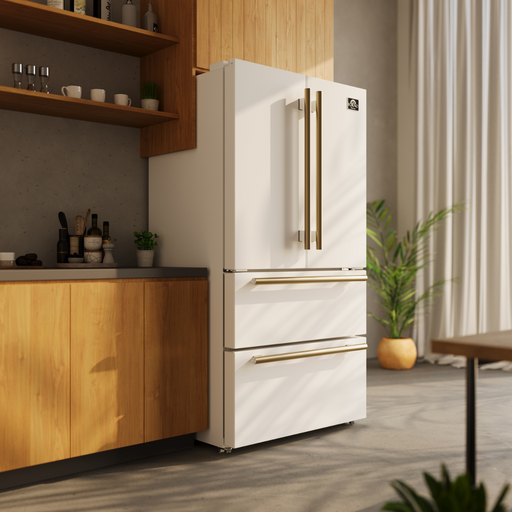 FORNO Espresso Package - 30" Gas Range, 36" Refrigerator with Ice Maker, Dishwasher and 24" Microwave Drawer in White with Antique Brass Accents FORNO