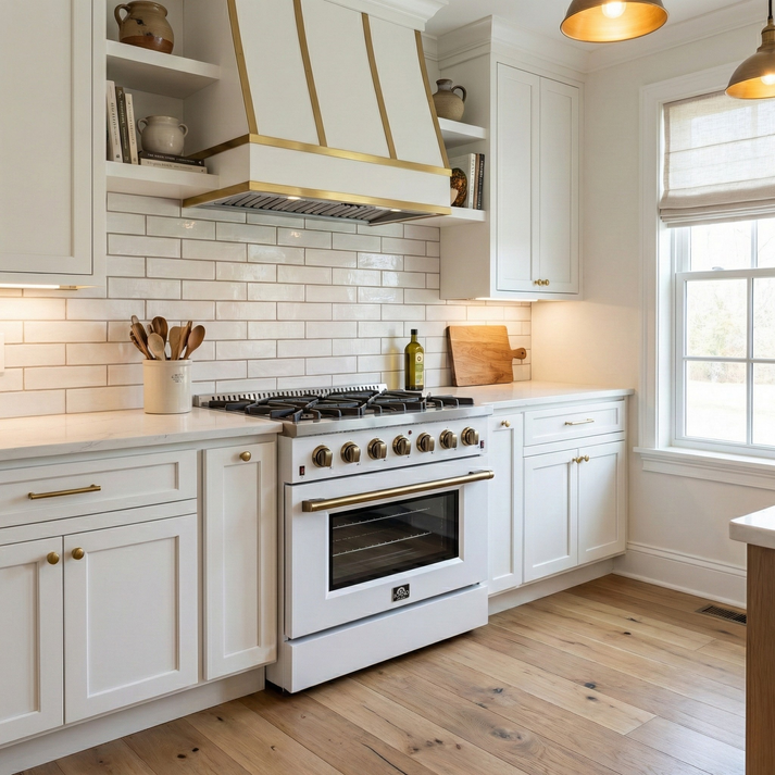 FORNO Galiano 36" 5.36 cu. ft. Gas Range with 6 Sealed Burners in White with Antique Brass Accents- FFSGS6244-36WHT