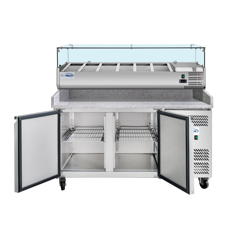 KoolMore 59" Granite Top Refrigerated Pizza Prep Station with 2 - Door Storage & Pan Rail – KM - RPCPS - 2D59 - GRT - CulinaryProfis