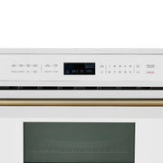 White microwave with dark glass door and digital display