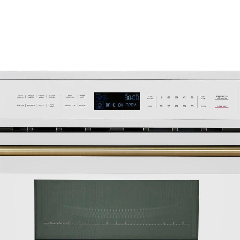 White microwave with dark glass door and digital display