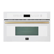 Single wall oven front view, white with gold handle bar and built-in display