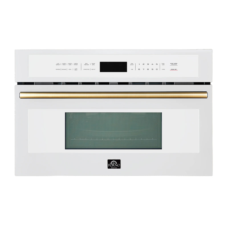 Single wall oven front view, white with gold handle bar and built-in display