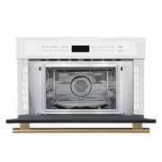 White single wall oven with open door and cookware on oven rack