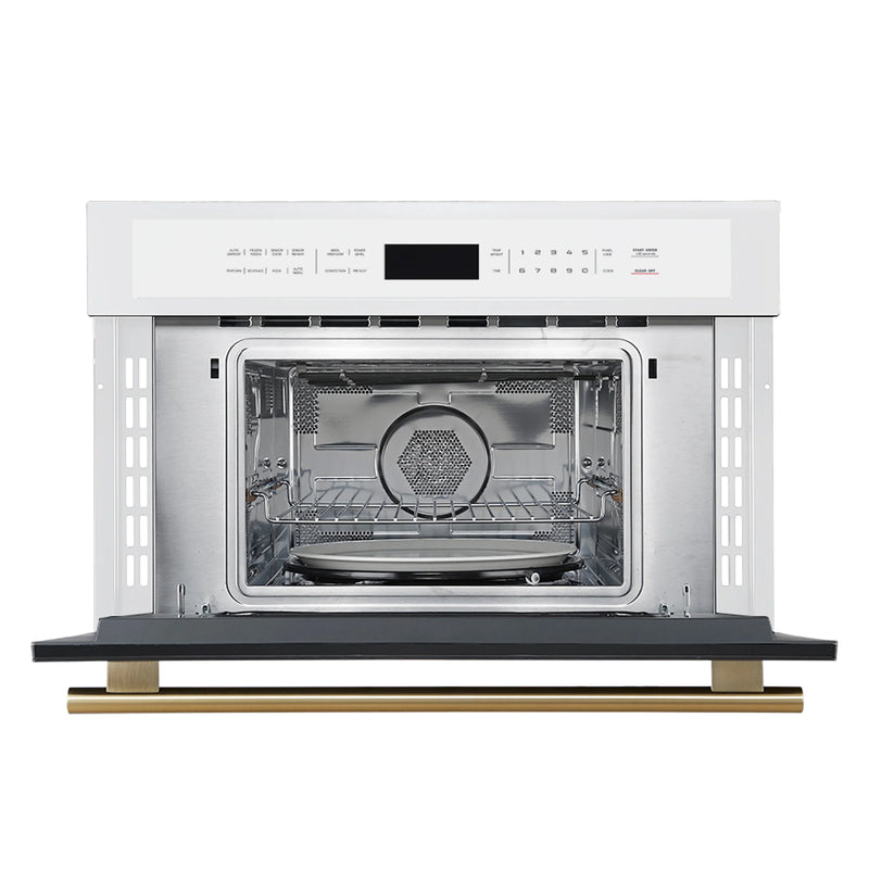 White single wall oven with open door and cookware on oven rack