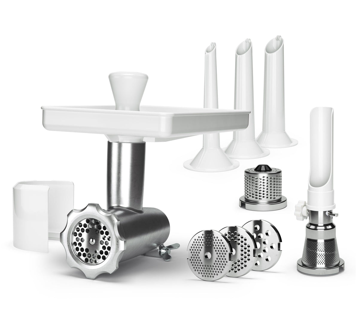 Ankarsrum Mincer Complete Package contents: mincer, 4 hole discs, 3 sausage horns, strainer and grater