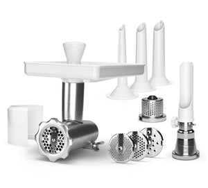Ankarsrum Mincer Complete Package contents: mincer, 4 hole discs, 3 sausage horns, strainer and grater
