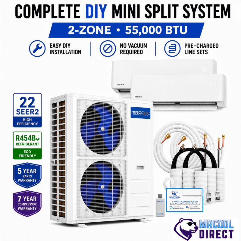 MRCOOL® 55K 5th Gen 6-Zone DIY® Mini Split System with (9k + 36K) Air  Handlers & (16ft + 16ft) Pre-Charged R-454B Line Sets, (230V)-DIYM255HPW01D00