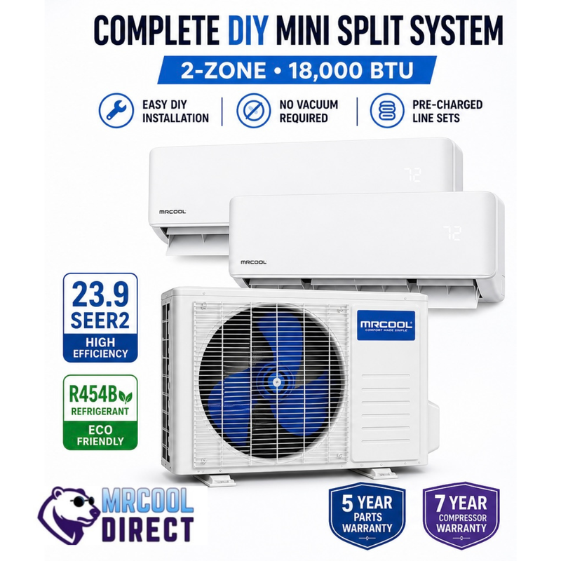 MRCOOL® DIY® 5th Gen Multi-Zone 2-Zone 18,000 BTU 1.5 ton 24 SEER2 (6K + 6K) Air Handlers Ductless Mini-Split Air Conditioner and Heat Pump (16ft x 16ft) Pre-Charged R-454B line sets, (230V)- DIYM218HPW00D00 MRCOOL®