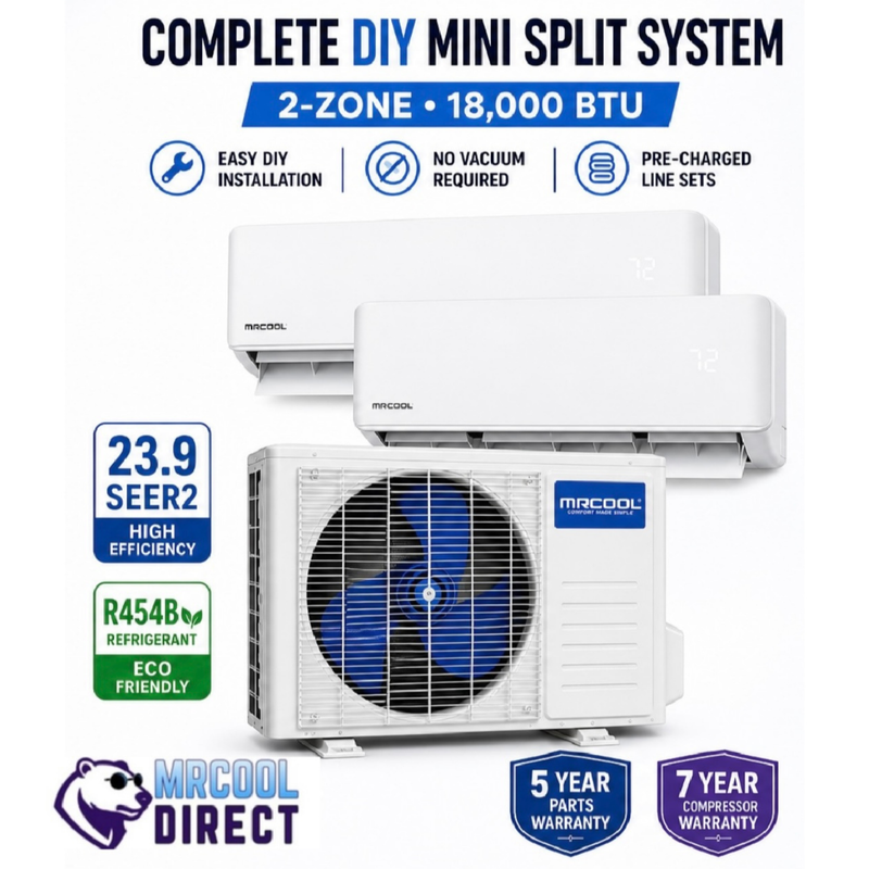 MRCOOL® DIY® 5th Gen 2-Zone 18,000 BTU Ductless Mini Split Air Conditioner & Heat Pump with (16ft + 16ft) Pre-Charged Line Sets (6K+12K) wall mount air-handlers — DIYM218HPW02D00 MRCOOL®