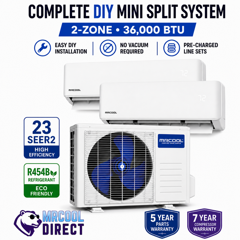 MRCOOL® 36K 5th Gen DIY® 5- Zone  Mini Split Bundle with (18K + 18k) Air handler with (16ft + 16ft) Pre-Charged R-454B Line Sets- (230V), DIYM236HPW07D00