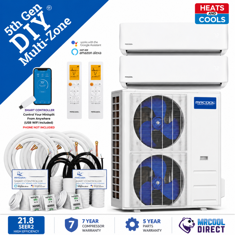 MRCOOL® 48K 5th Gen 6-Zone DIY® Multi-Zone Mini Split Bundle (9K + 36K) Air Handlers, (16ft + 16ft) Pre-Charged R-454B Line Sets-(230V), DIYM248HPW02D00
