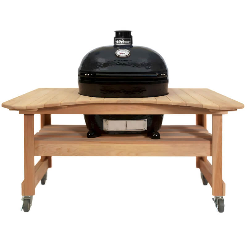 Primo Oval XL 400 Ceramic Kamado Grill On Curved Cypress Table - PGCXLH - CulinaryProfis