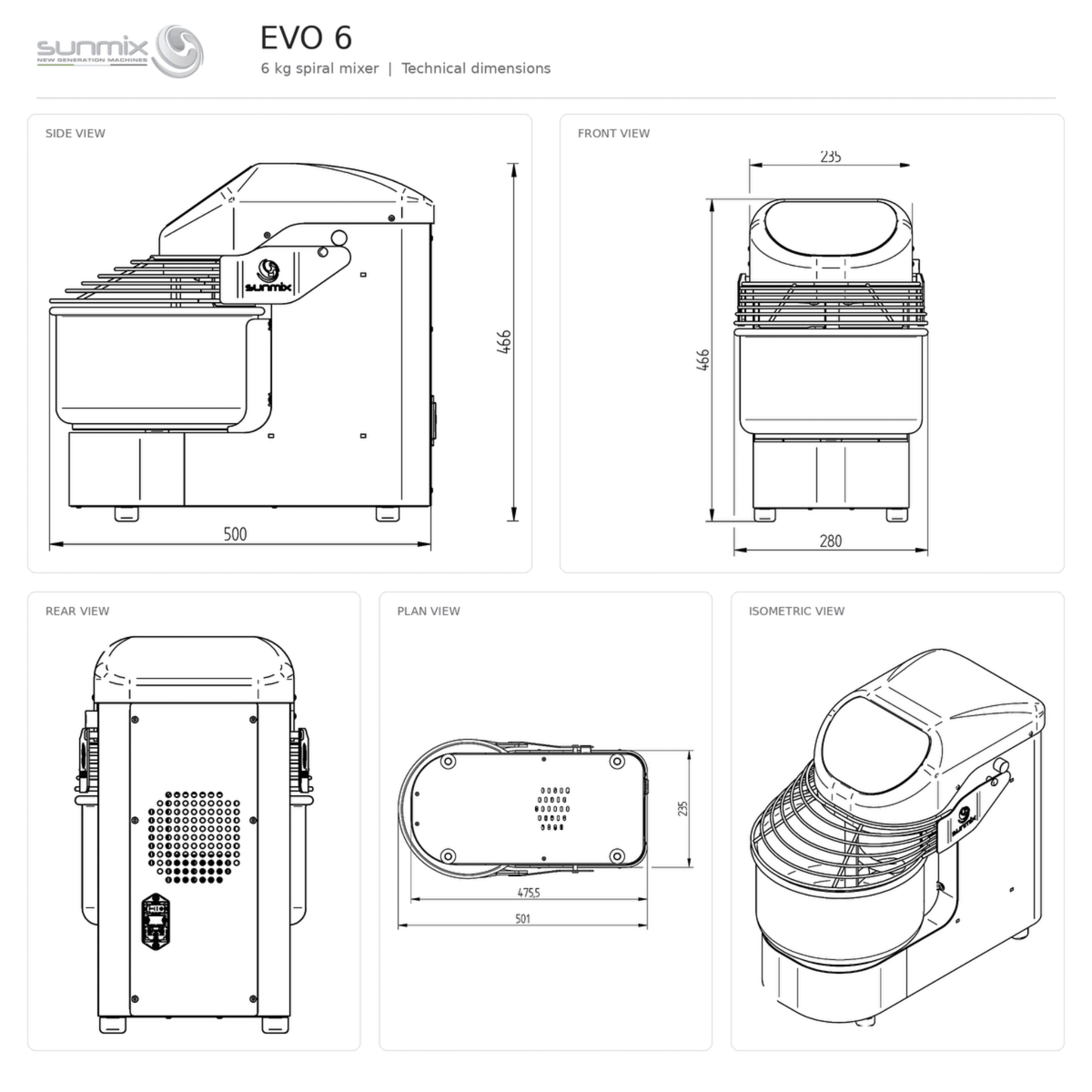 Sunmix EVO6 technical drawing showing mixer dimensions from side, front, rear and top