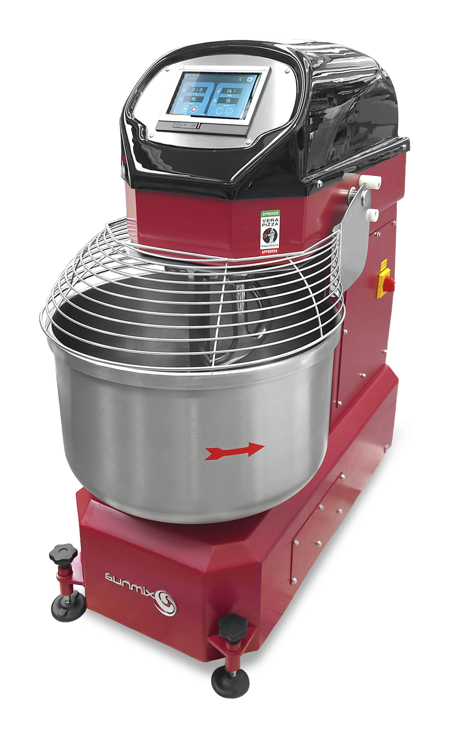 Sunmix QUEEN 60-2 industrial spiral mixer in Ruby Red, showing the touchscreen control panel and stainless steel bowl