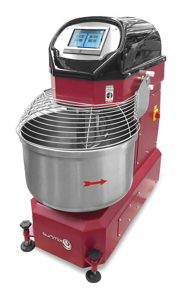 Sunmix QUEEN 60-2 industrial spiral mixer in Ruby Red, showing the touchscreen control panel and stainless steel bowl