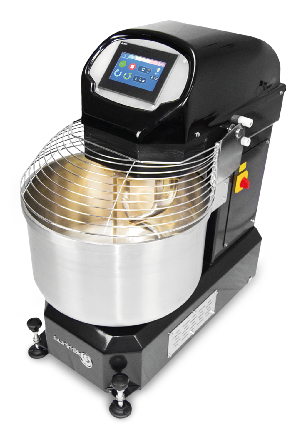 Sunmix QUEEN 80-2 industrial spiral mixer in Deep Black, with touchscreen control panel and dough in the bowl