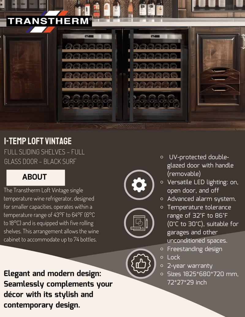 Transtherm Prestige Loft 74 Bottle Wine Cabinet Glass Door - CulinaryProfis