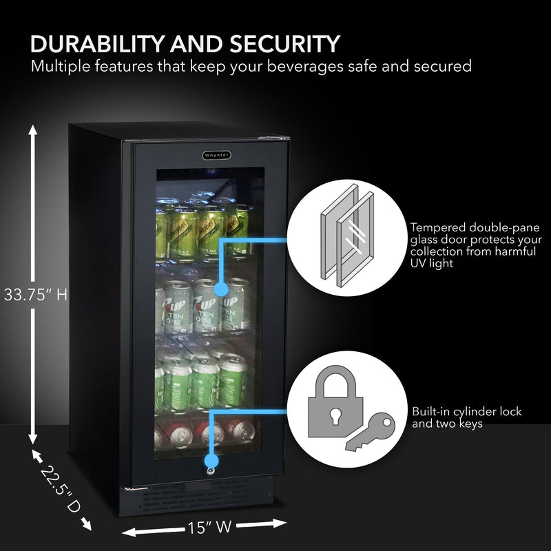 Whynter BBR-801BG 15” Built-In Beverage Refrigerator – 128 Can Black Glass Undercounter Fridge with Digital Control, Lock & LED Lighting Whynter