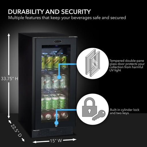 Whynter BBR-801BG 15” Built-In Beverage Refrigerator – 128 Can Black Glass Undercounter Fridge with Digital Control, Lock & LED Lighting Whynter