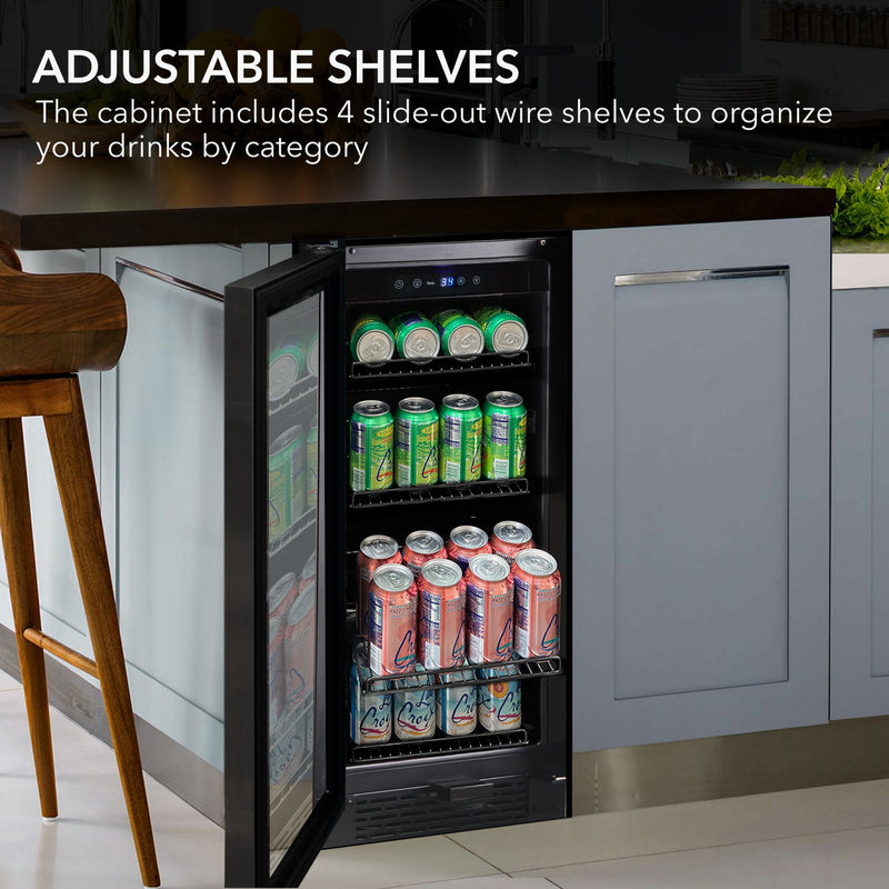 Whynter BBR-801BG 15” Built-In Beverage Refrigerator – 128 Can Black Glass Undercounter Fridge with Digital Control, Lock & LED Lighting Whynter