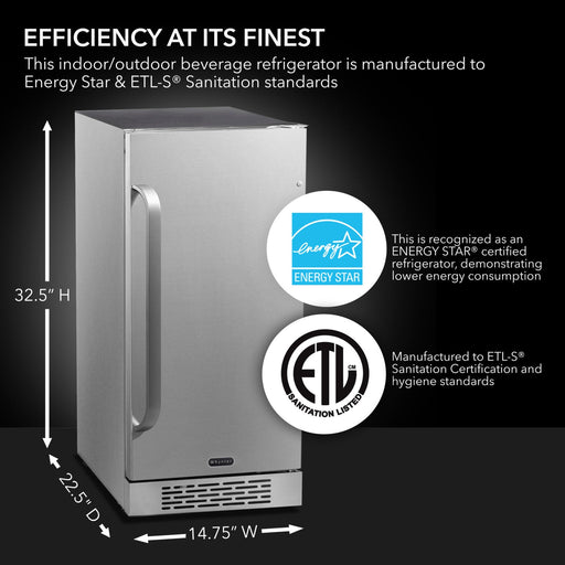 Whynter BOR-326FS 15” Built-In Indoor/Outdoor Beverage Refrigerator – 3.0 cu ft Stainless Steel Cooler, ENERGY STAR®, Reversible Door Whynter